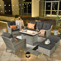 Red Barrel Studio 7 - Person Outdoor Seating Group With Fire Pit And Cushions