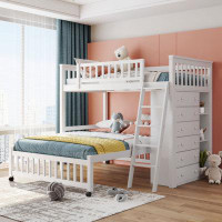 Harriet Bee Wooden Twin Over Full Bunk Bed With Six Drawers And Flexible Shelves,Bottom Bed With Wheels