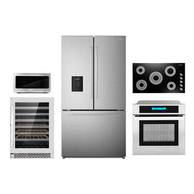 Cosmo 5 Piece Kitchen Package With 36" Electric Cooktop 24" Single Electric Wall Oven 24.4" Built-in Microwave French Do in Refrigerators