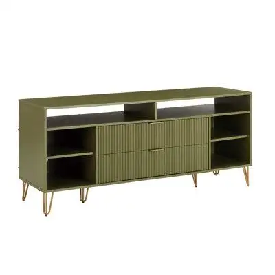 George Oliver Cobourn 63" Mid-Century Modern TV Stand with 6 Shelves and 2 Drawers in Olive Green