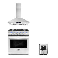 Cosmo 3 Piece Kitchen Package With 30" Freestanding Gas Range 30" Wall Mount Range Hood & 5.5L Electric Hot Air Fryer