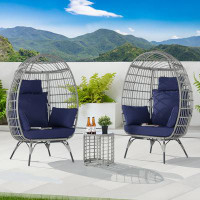 Dakota Fields 3-Piece Oversized Outdoor Gray Rattan Egg Chair with Side Table, Navy Blue Cushion