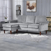 L SHAPE SOFA, MODERN SECTIONAL COUCH WITH REVERSIBLE CHAISE LOUNGE, WOODEN LEGS, CORNER SOFA FOR LIVING ROOM, GREY