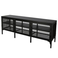 Ebern Designs Industrial Wood And Metal TV Stand Entertainment Centre Cabinet TV Console Table With 3 Metal Mesh Doors 2