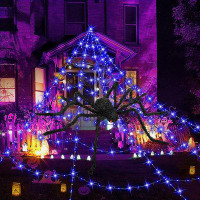 The Holiday Aisle® Halloween Decorations, Huge Spider Web Lights Up With 400 LED Purple Lights 197 Inch Spider Webs For