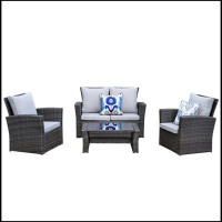Winston Porter Patio Light Grey Sofa 4 Seat Couch Coffee Table Sofa Furniture Set With Rattan Wicker Outdoor