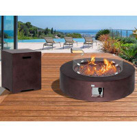 Arlmont & Co. Outdoor Propane Fire Pit, Circular Dark Brown Patio Fire Table 50,000 BTU W 20 Gallon Tank Cover, Glass Wi