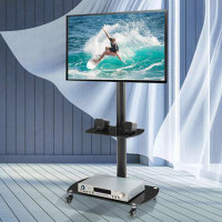 Manman Multi-Function Tempered Glass Metal Frame Floor With Lockable Wheels Mobile TV Stand