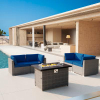 Latitude Run® 5Pcs Outdoor Patio Furniture Set With 43" Gas Propane Fire Pit Table PE Wicker Rattan Sectional Sofa Patio