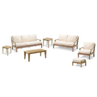 Teak Smith 7 Pc Sofa Set: Sofa,LoungeChair,Ottoman,Coffee,2SideTable&Loveseat + Sunbrella #57003 White Cushions-33" H x