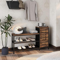 17 Stories 3 Tier Entryway Bench Shoe Storage Bench With 4 Fabric Drawers Metal Frame And Wooden Board Shoe Rack Bench W