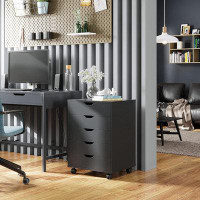 Ebern Designs 5-Drawer Chest Wood Storage Dresser Cabinet Mobile Side Cabinet Chest For Home Office,Black