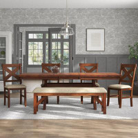 Laurel Foundry Modern Farmhouse Veltri Wood 6-Piece Dining Set, Extendable Trestle Dining Table With 4 Chairs And Bench,