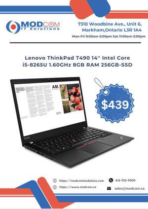 Lenovo ThinkPad T490 14-Inch Laptop OFF Lease FOR SALE!!! Intel Core i5-8265U 1.60GHz 8GB RAM 256GB-SSD Canada Preview