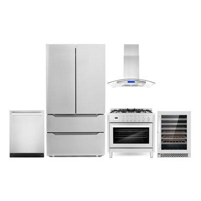 Cosmo Cosmo 5 Piece Kitchen Package With 36" Freestanding Gas Range 36" Island Range Hood 24" Built-in Fully Integrated  in Refrigerators