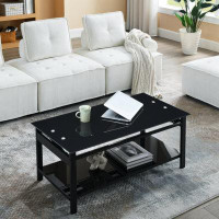 Ebern Designs Lift And Lift Coffee Table With Hidden Dividers And Storage Shelves, Lift And Lift Tempered Glass Top Dini