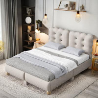 Alcott Hill Button Tufted Upholstered Platform Bed With Rubber Wood Legs in , Beige