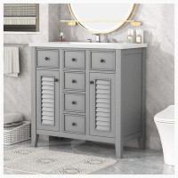 Winston Porter Bathroom Vanity With Ceramic Basin, Two Cabinets And Five Drawers, Solid Wood Frame