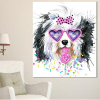 Design Art 'Lovely Dog with Pink Heart Glasses' Painting Print on Wrapped Canvas