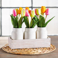 Primrue Tulips in Ceramic Jars with Wood Box Table Decor