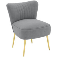 VELVET LOUNGE CHAIR, MODERN ACCENT CHAIR FOR LIVING ROOM WITH GOLD STEEL LEGS AND TUFTING BACKREST, GREY