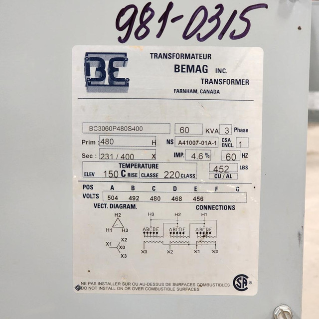 60kVA 480H to 231V/400X 3P Isolation Multi-tap Transformer (891-0315) in Other Business & Industrial - Image 2