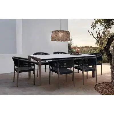 Joss & Main Izola 7 Piece Outdoor Dining Set in Eucalyptus Wood with Superstone and Rope
