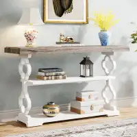 Ophelia & Co. Farmhouse Console Table, 55 Inch Rustic Entryway Sofa Table With Storage Shelve
