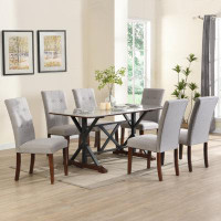 Gracie Oaks 7-Piece Modern Dining Table Set, Grey Sintered Stone Dining Table With 6 Tufted Upholstered Chairs, 63-Inch