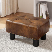 17 Stories Small Tufted Foot Stool, Yellowish Brown Rivet Faux Leather Footrest With Plastic Legs, 9''H, Rectangle Foot