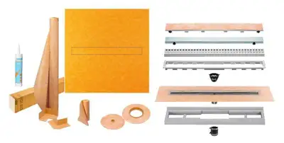 Schluter Systems Kerdi Line Waterproof Shower Kit with Linear Drain, Grate Assembly, Membrane, Curb, Band and Tray