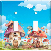 WorldAcc Metal Light Switch Plate Outlet Cover (Cute Mushroom House Blue Sky - Double Toggle)