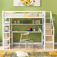 Harriet Bee Metal Loft Bed With Staircase, Built-In Desk And Storage Shelves