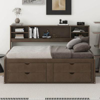 Latitude Run® Full Size Wood Daybed With 2 Bedside Cabinets, Upper Shelves And 4 Drawers