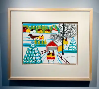 For sale is a beautiful Maud Lewis original painting titled "Covered Bridge With Three Sleighs" 12in...