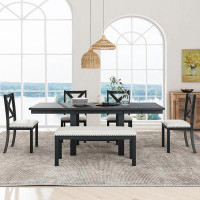 Audiohome Farmhouse 82Inch 6-Piece Extendable Dining Table With Footrest, 4 Upholstered Dining Chairs And Dining Bench,