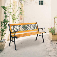 Alcott Hill Patio Park Garden Bench, Outdoor Furniture Rose Cast Iron Hardwood Frame Porch Loveseat For 2 Person Outdoor