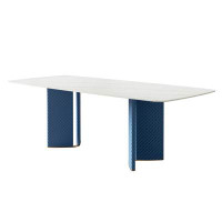 Orren Ellis Modern Rectangle White Sintered Stone Tabletop Kitchen 70.86 In. Stainless Steel Double Pedestal Base Dining