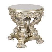 Benjara Esen 28 Inch Round End Table, Sculpted Floral Carvings, Resin, Antique Gold