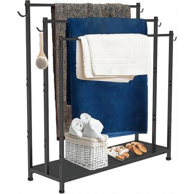 Rebrilliant Extra Large Free Standing Towel Rack With Metal Storage Shelf & 6 Hooks For Bathroom, 3 Tiers Heavy Duty Bla in Other
