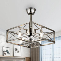 Gracie Oaks 20'' Brushed Nickel Ceiling Fan With Lights, Modern Caged Chandelier Flush Mount Ceiling Fan For Bedroom Kit