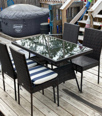 5 Piece Rattan Wicker Patio Dining Set with Glass Top Coffee Table