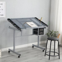 Wenty Adjustable Art Drawing Desk Craft Station Drafting   With 2 Non-Woven Fabric Slide Drawers And 4 Wheels
