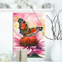 East Urban Home Floral 'Red Butterfly in Coneflower' Watercolor Painting Print on Wrapped Canvas