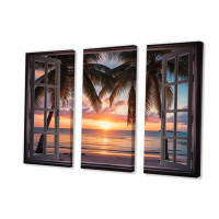 Design Art Tropical Ocean Sunset Through Open White Window I - Coastal Canvas Wall Art Set
