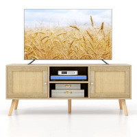 Bay Isle Home™ Wrought Studio™ Boho Tv Stand Pe Rattan Media Console Table W/ Cabinets & Open Shelves