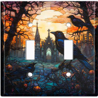 WorldAcc Metal Light Switch Plate Outlet Cover (Halloween Spooky Church Raven - Double Toggle)