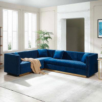 Mercer41 Vertical Channel Tufted Velvet Sectional Sofa in , Blue Velvet