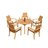 Teak Smith Grade-A Teak Dining Set: 48" Round Table And 5 Algrave Stacking Arm Chairs
