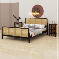 17 Stories Full Size Rattan Platform Bed With Nightstands